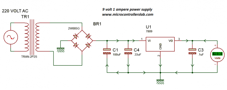 Circuit diagram of 9 volt and 1 Ampere power supply