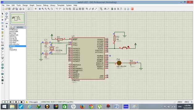 simulation result of push button use with atmega32 avr microcontroller