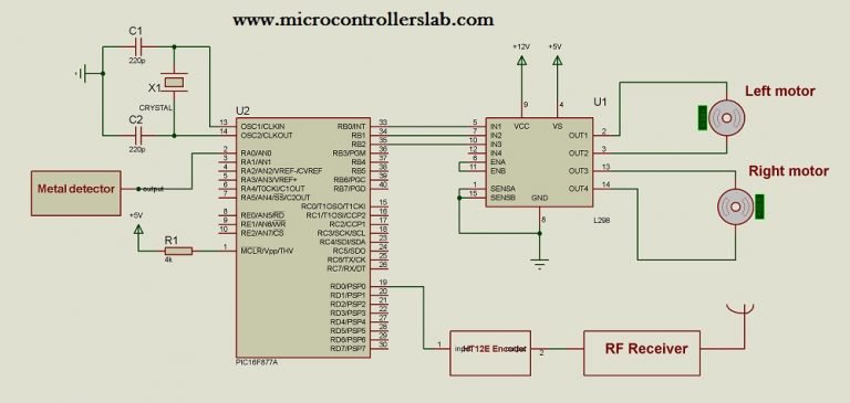 metal detector robot receiver using pic microcontroller