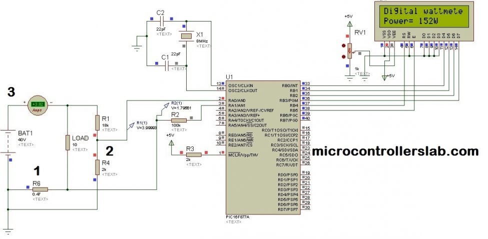Digital DC watt meter circuit & project using pic microcontroller