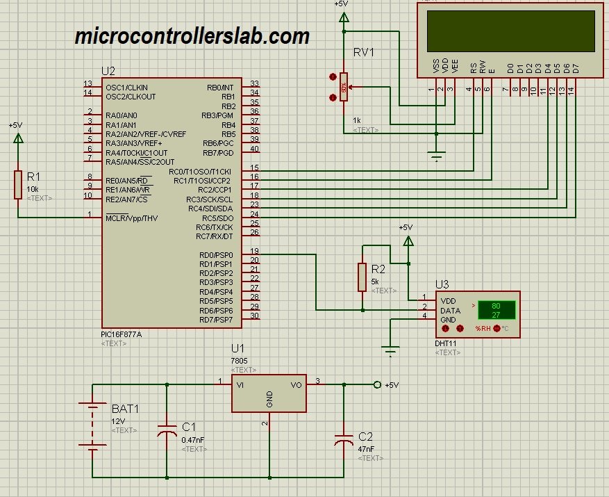DHT11 sensor interfacing with pic16f877a microcontroller