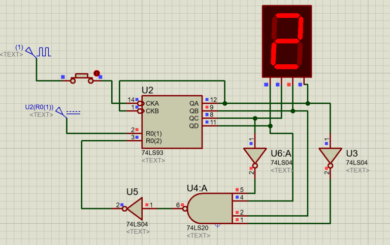 74LS93 counter example with seven segment display from 0-9