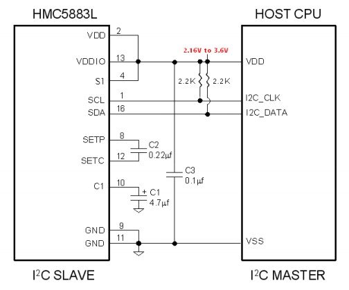 HMC5883L single supply connection diagram with pic microcontroller