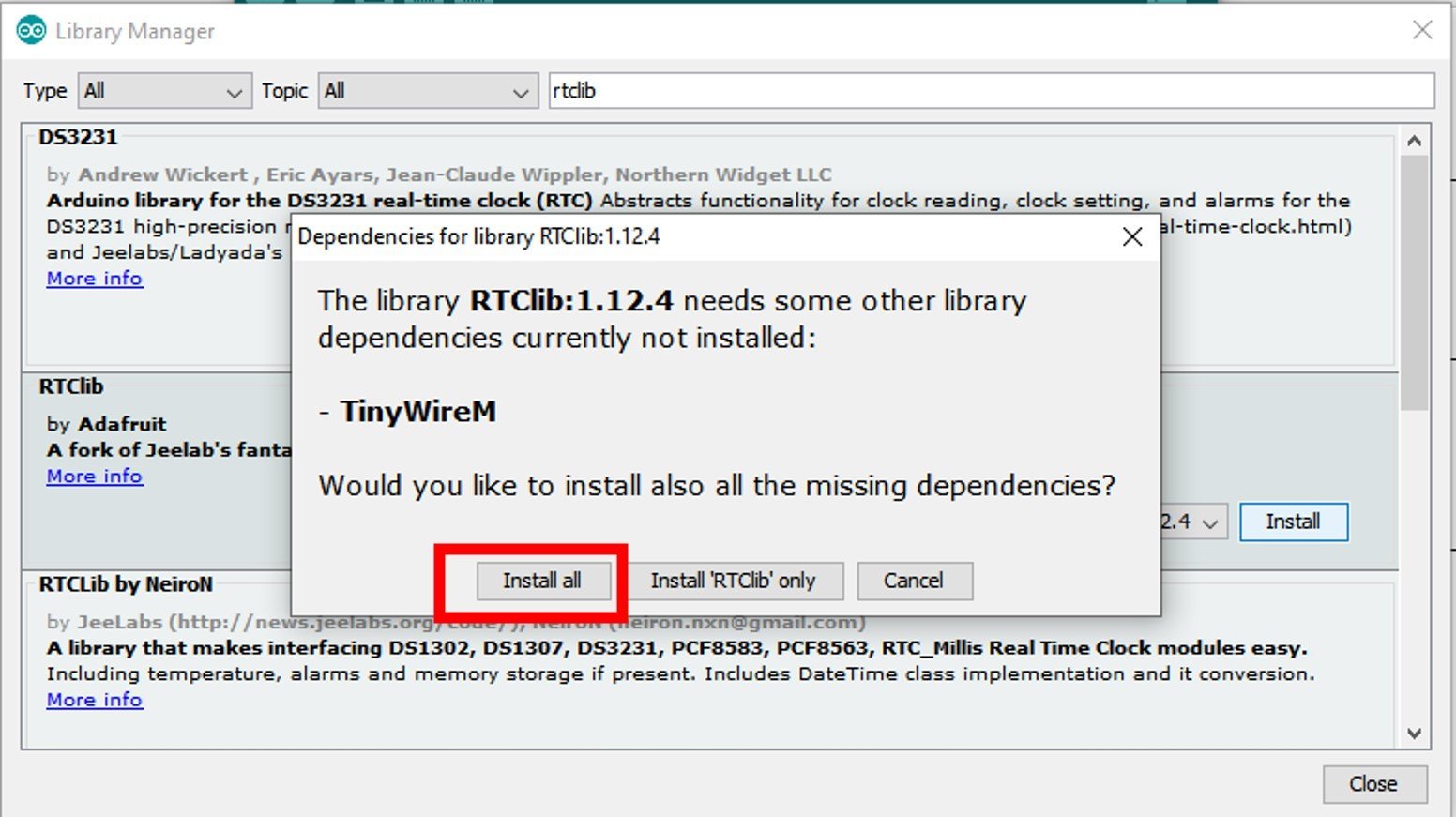 DS3231 library software dependency libraries