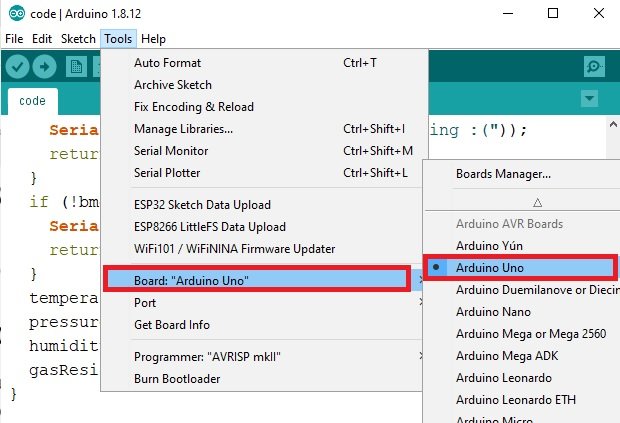 select Arduino uno