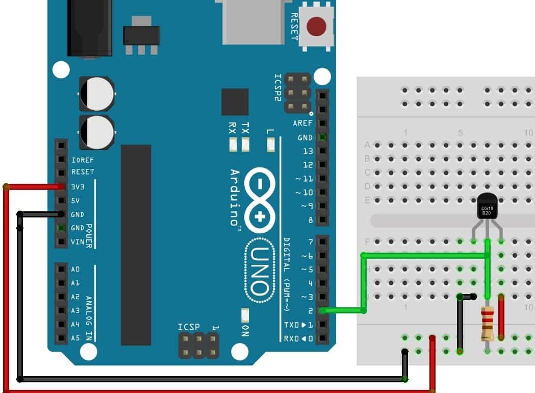 DS18B20 interfacing with Arduino connection diagram