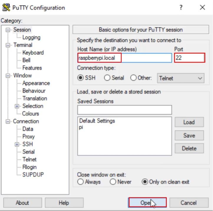 SSH into RPi Putty Configuration picture
