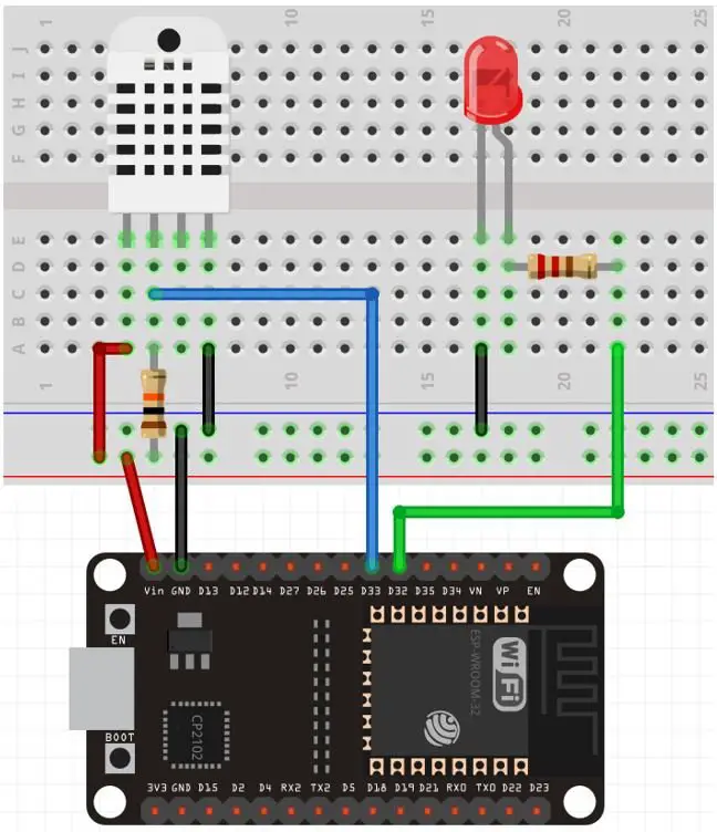 ESP32 with DHT22 and LED connection diagram