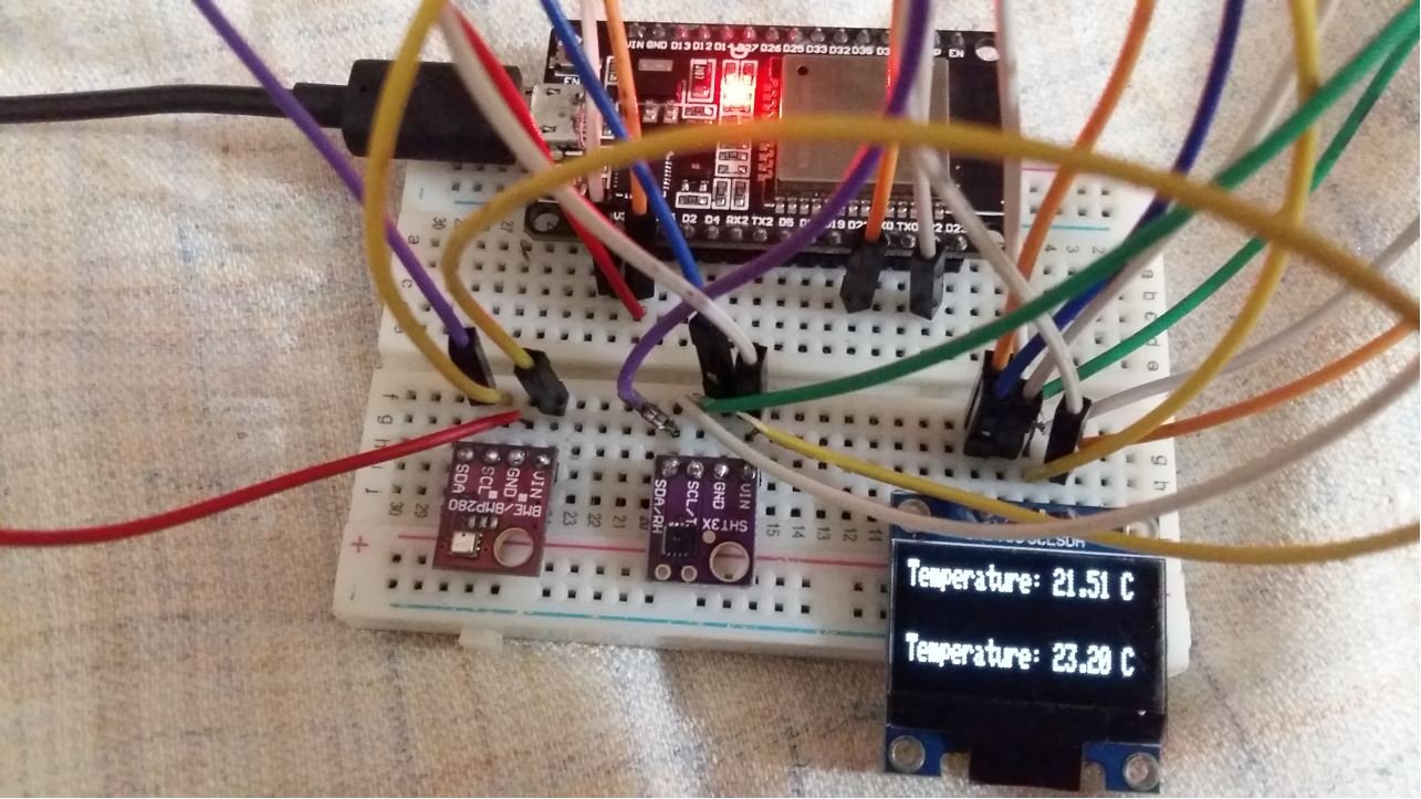 ESP32 Multiple I2C devices with different addresses Display temperature on OLED