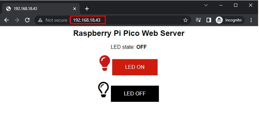 Raspberry Pi Pico W Control LED Web Server laptop view