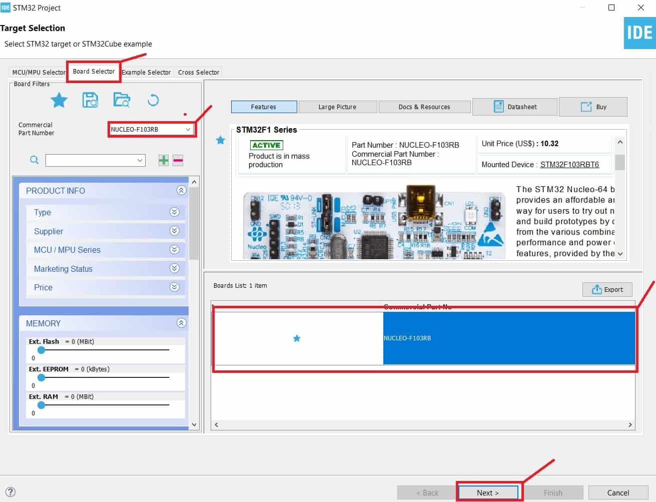 select STM32 Nucleo from board selector