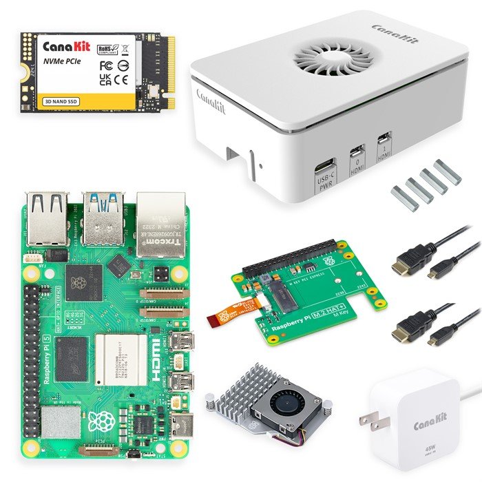CanaKit Raspberry Pi 5 Desktop PC fully assembled with NVMe SSD in Turbine White case