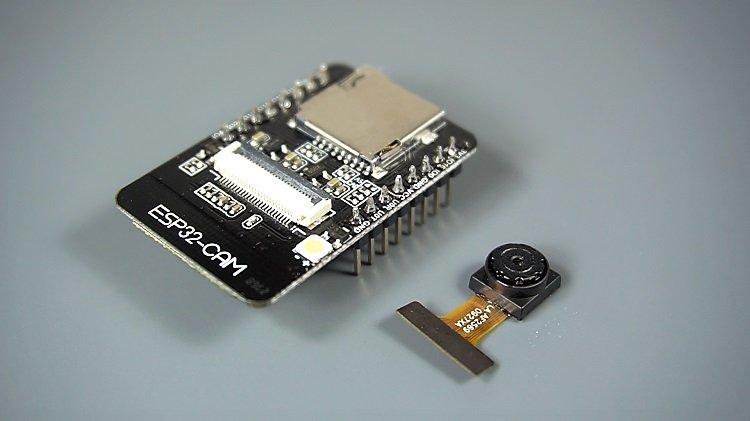 ESP32-CAM board with OV2640 camera ribbon attached