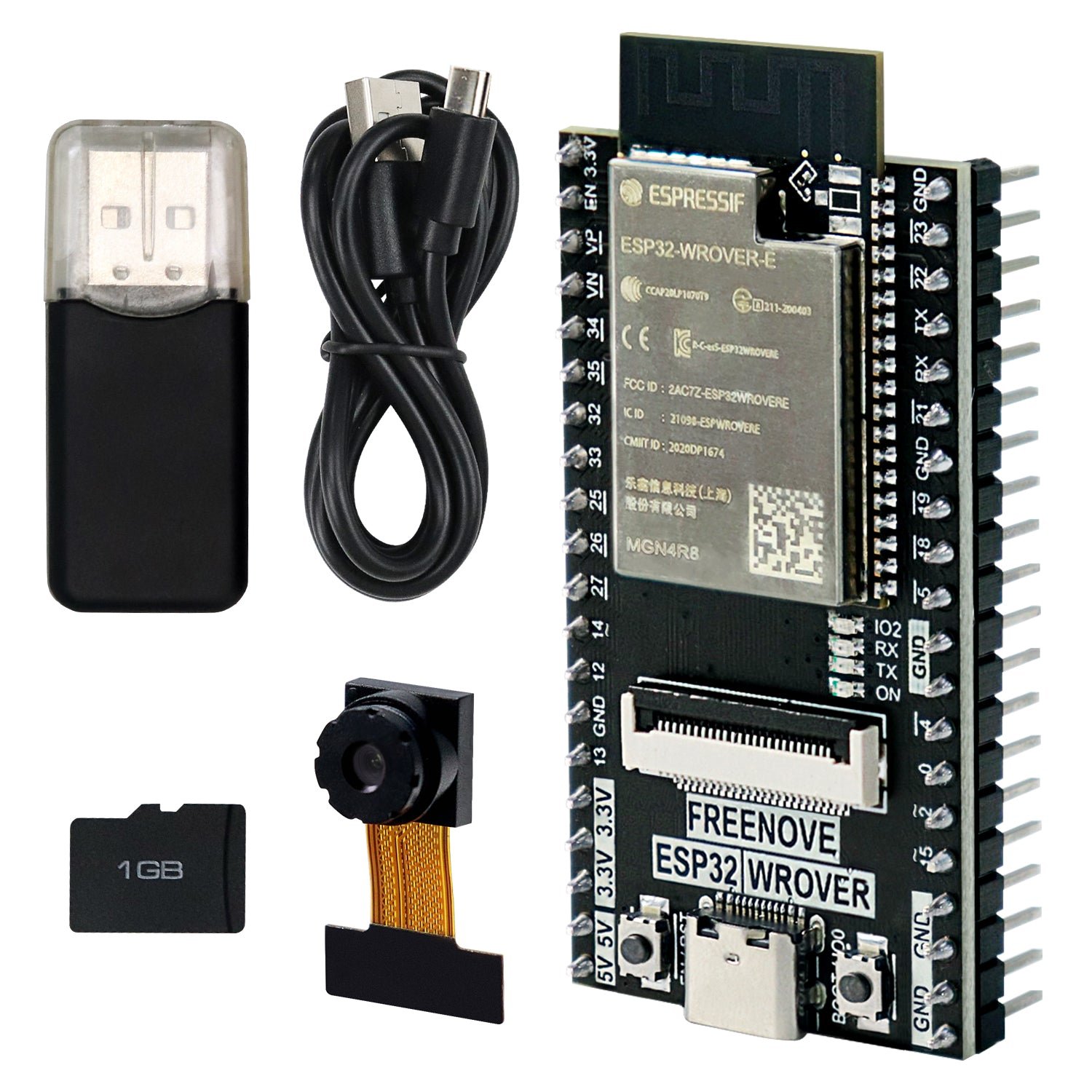 Freenove ESP32-WROVER CAM development board with OV2640 camera and USB programmer