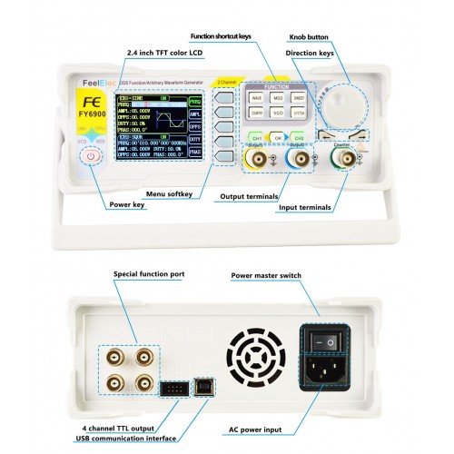 FY6900 dual-channel DDS function signal generator with built-in 100MHz frequency counter and 2.4 inch TFT display