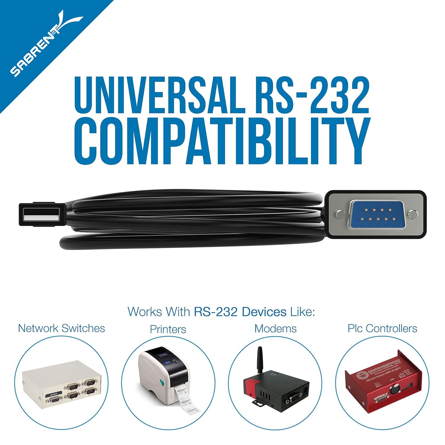 Sabrent CB-FTDI USB 2.0 to DB9 RS-232 serial adapter cable with FTDI chipset