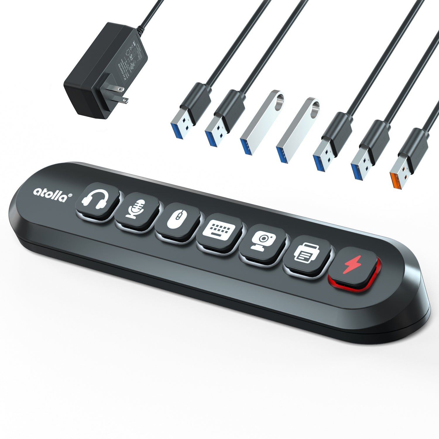 Atolla KR307 7-port powered USB 3.0 hub with 12V 3A adapter and illuminated switches for Raspberry Pi