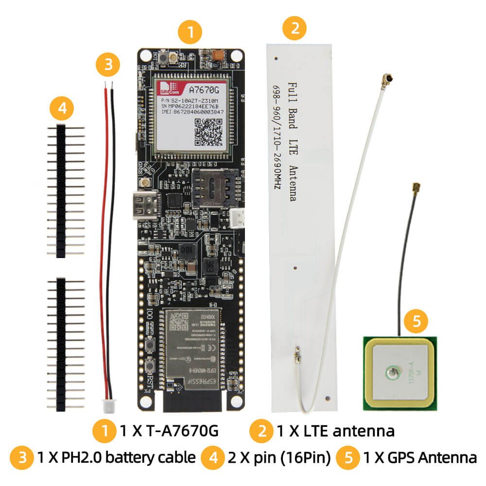 LILYGO T-A7670G R2 ESP32 4G LTE Cat-1 development board with GPS and 18650 holder