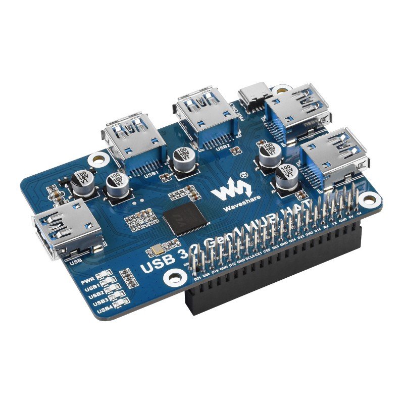 Waveshare USB 3.2 Gen1 HUB HAT with 4 USB 3.0 ports stacked on a Raspberry Pi