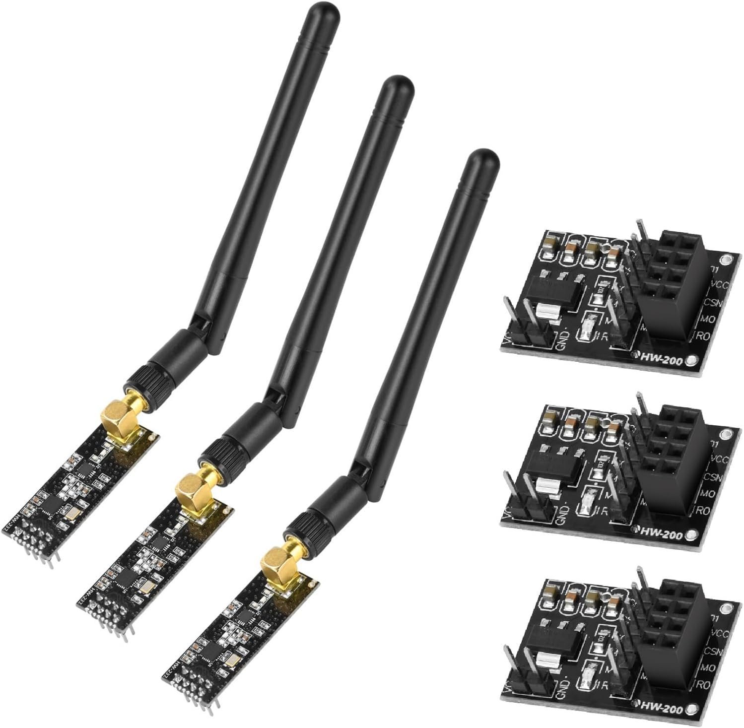 Aideepen NRF24L01+PA+LNA modules with 8-pin socket breakout adapters and 3.3V regulator