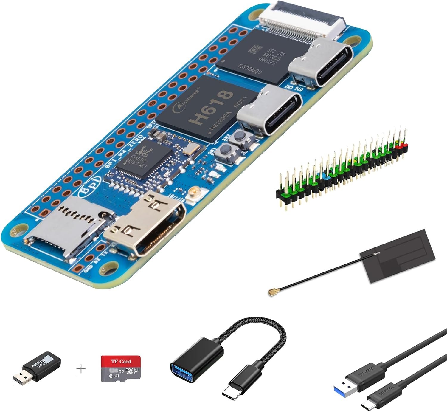 Banana Pi BPI-M4 Zero Allwinner H618 board basic kit with antenna, GPIO header and cables