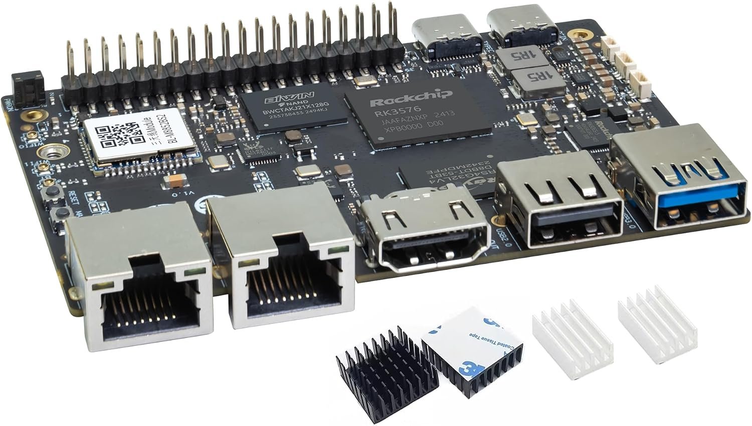 Banana Pi BPI-M5 Pro RK3576 single board computer with dual gigabit Ethernet and heatsinks