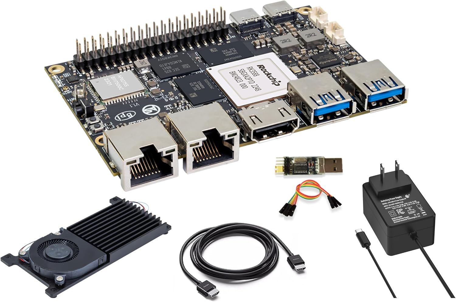Banana Pi BPI-M7 RK3588 single board computer with dual 2.5GbE, cooling fan and power adapter