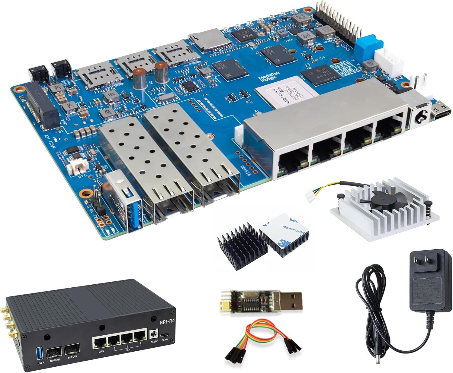 Banana Pi BPI-R4 MediaTek MT7988A router board with 10GbE SFP ports, case and power adapter