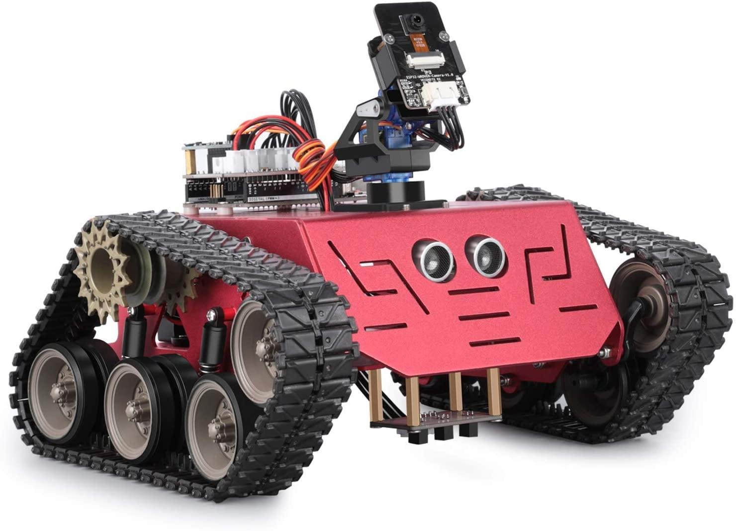 ELEGOO Conqueror robot tank kit with stainless steel tracked chassis, UNO R3 board and WiFi FPV camera on a servo gimbal