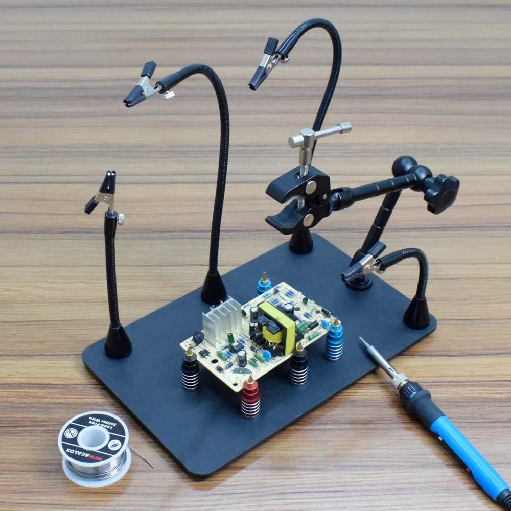 NOEVSBIG magnetic helping hands soldering station with heavy steel base, PCB holders and hot air gun holder