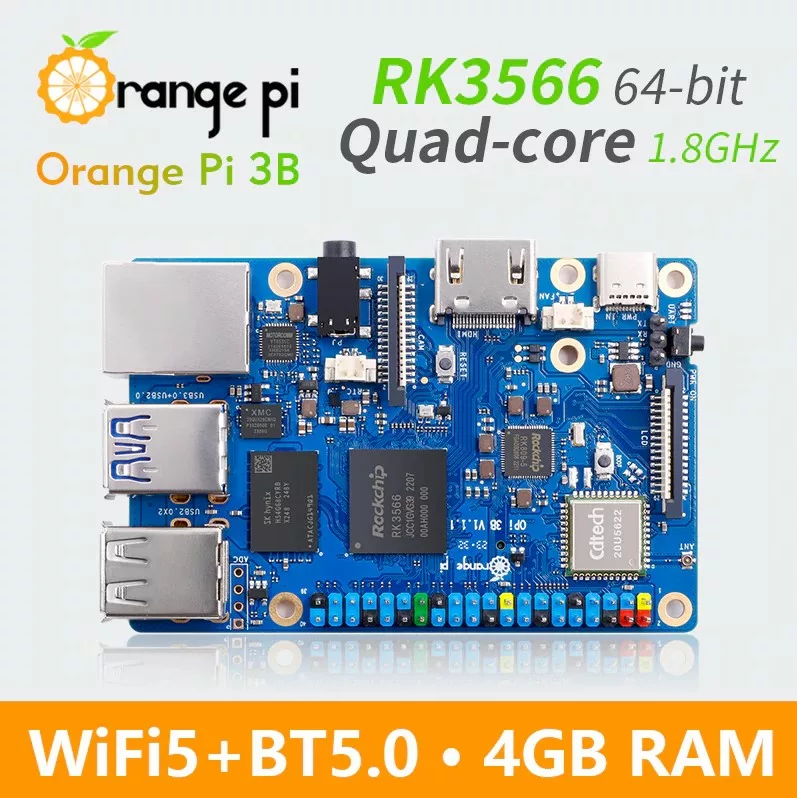 Orange Pi 3B RK3566 board in Raspberry Pi 3B form factor with M.2 NVMe slot and eMMC socket