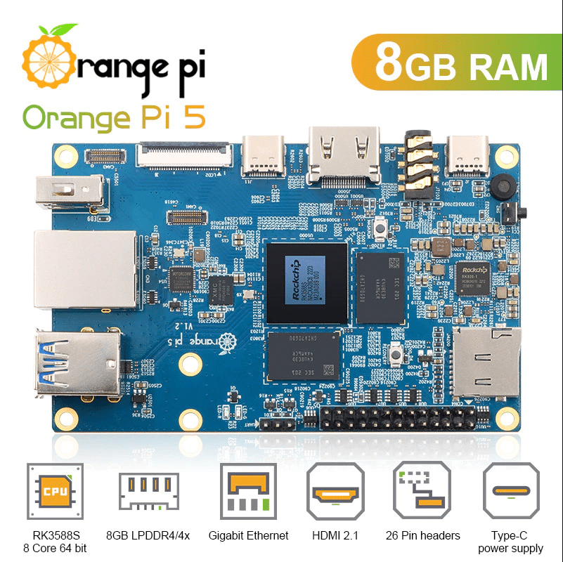 Orange Pi 5 RK3588S 8-core single board computer with M.2 NVMe slot and HDMI 2.1