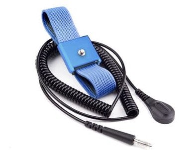 StaticTek blue fabric ESD wrist strap with black coil cord, banana plug and alligator clip