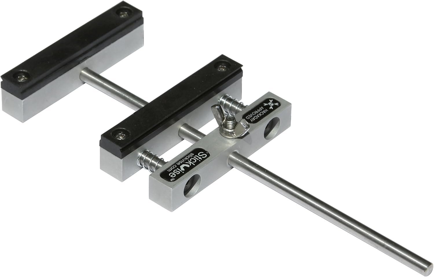 Stickvise low profile PCB vise with nylon jaws holding a circuit board flat