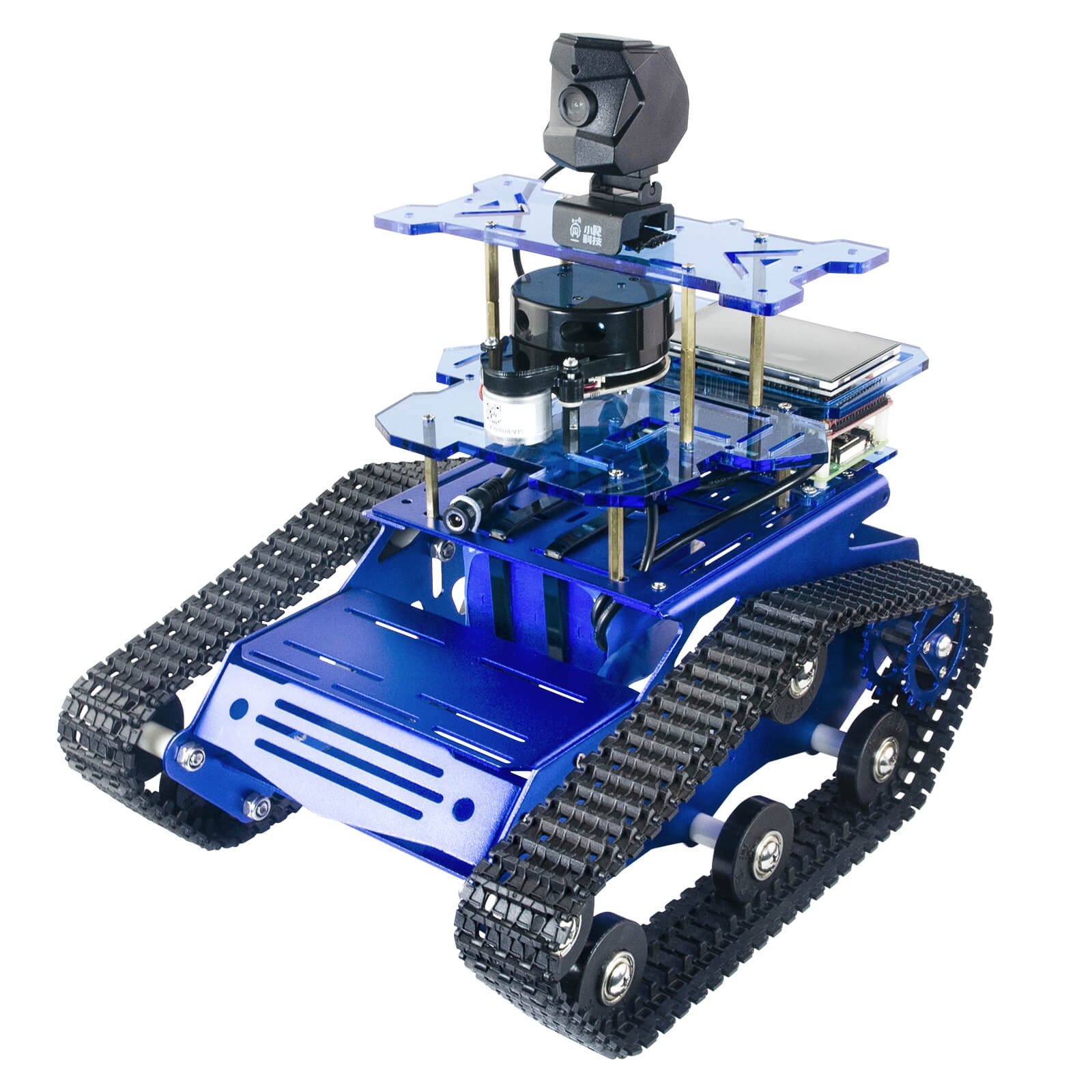 XiaoR Geek ROS SLAM tank robot car with lidar, HD camera and touch display on an aluminium tracked chassis for Raspberry Pi