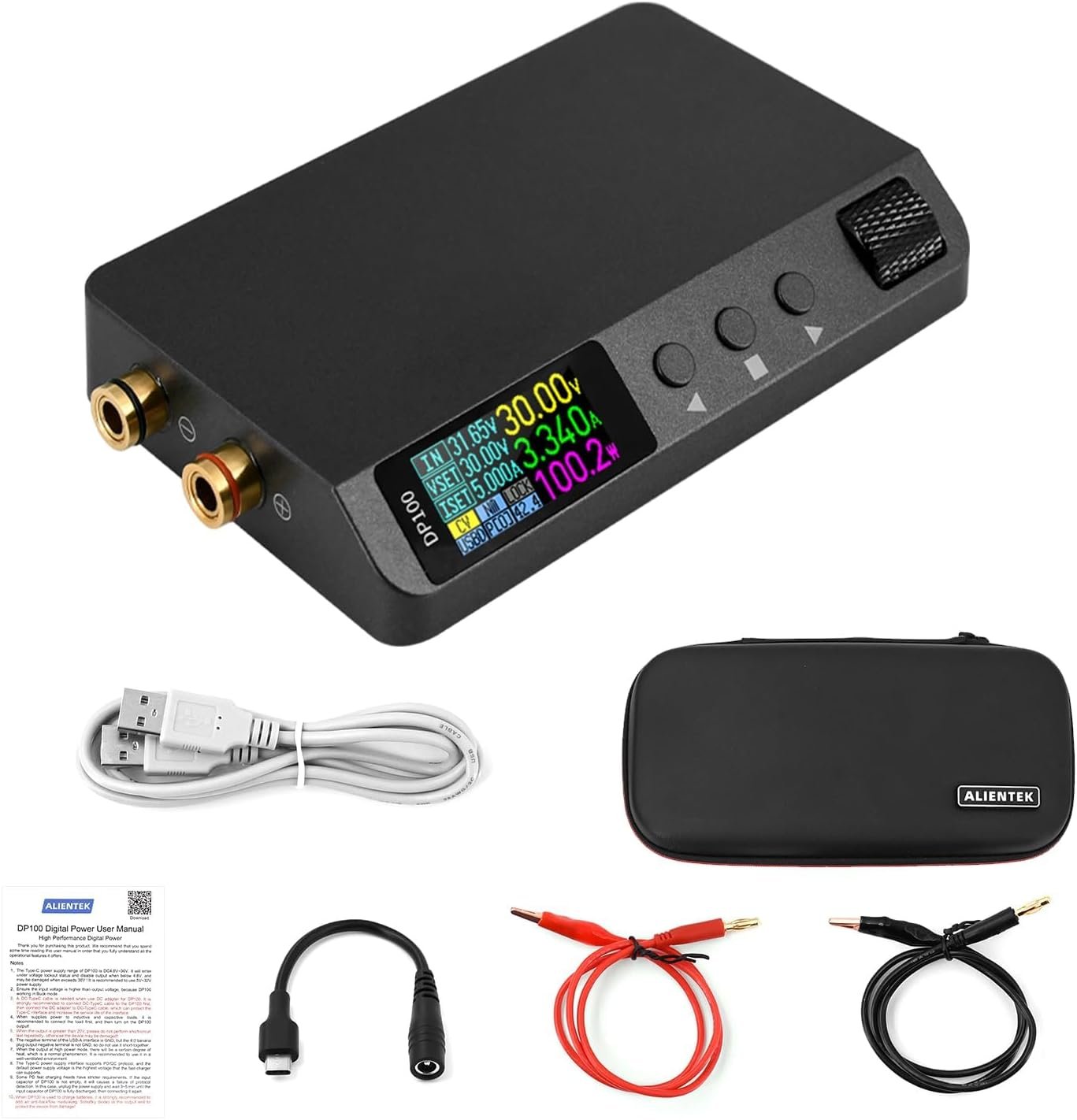 Alientek DP100 portable USB-C PD powered adjustable DC power supply 30V 5A 100W
