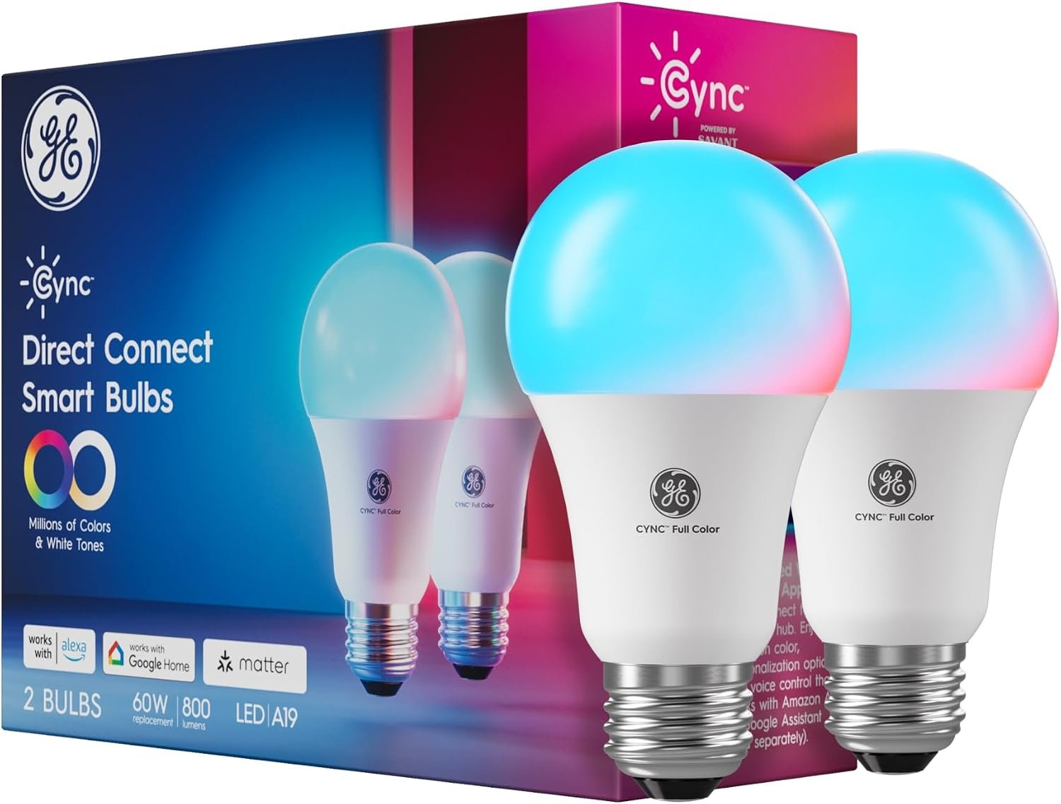 Cync by GE A19 Wi-Fi and Bluetooth color smart bulbs with Matter, 2-pack