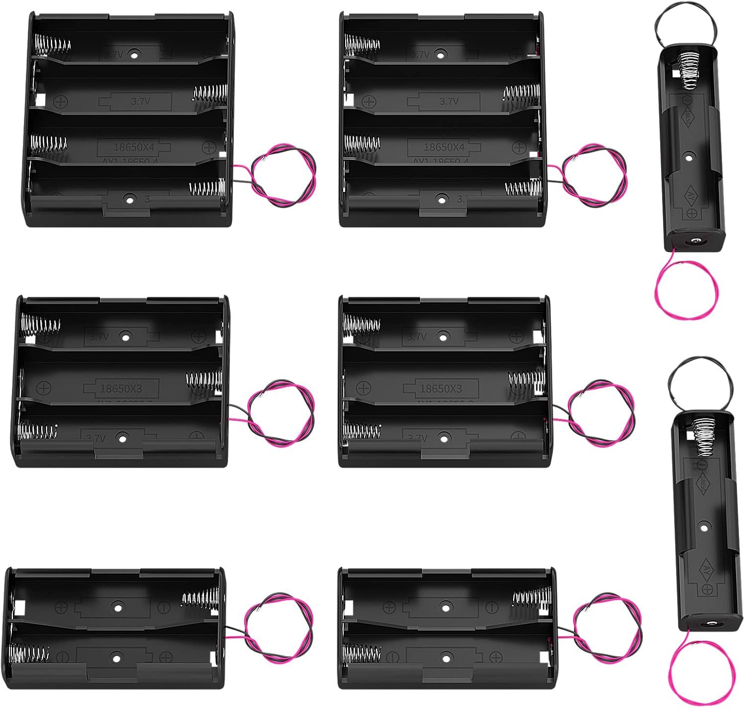 DAIERTEK 18650 battery holder set with 1, 2, 3 and 4 slot boxes and wire leads