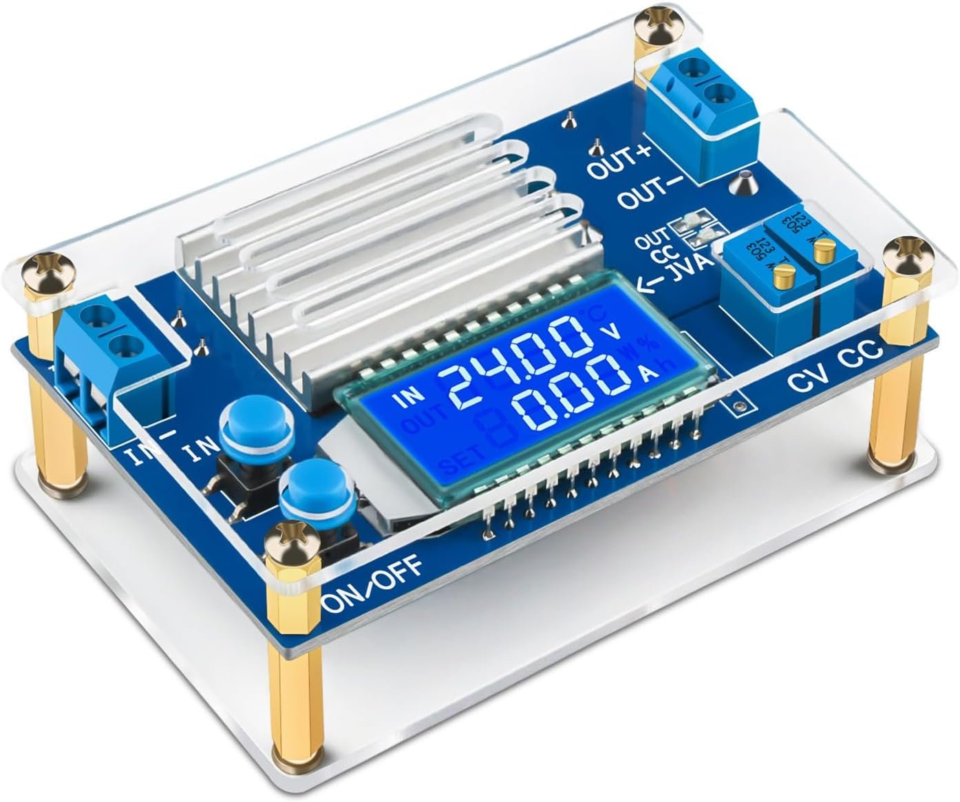 DROK 12A CC CV adjustable step-down buck converter with LCD display and acrylic case