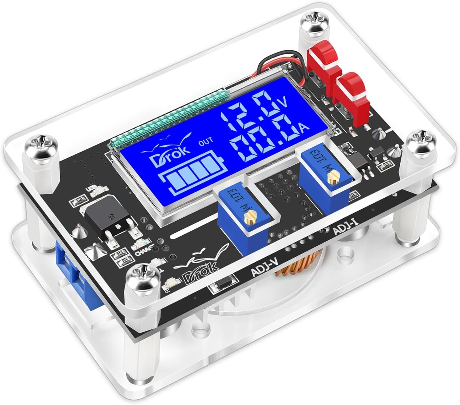 DROK 5A adjustable CC CV buck converter with LCD voltage current display, USB port and acrylic case