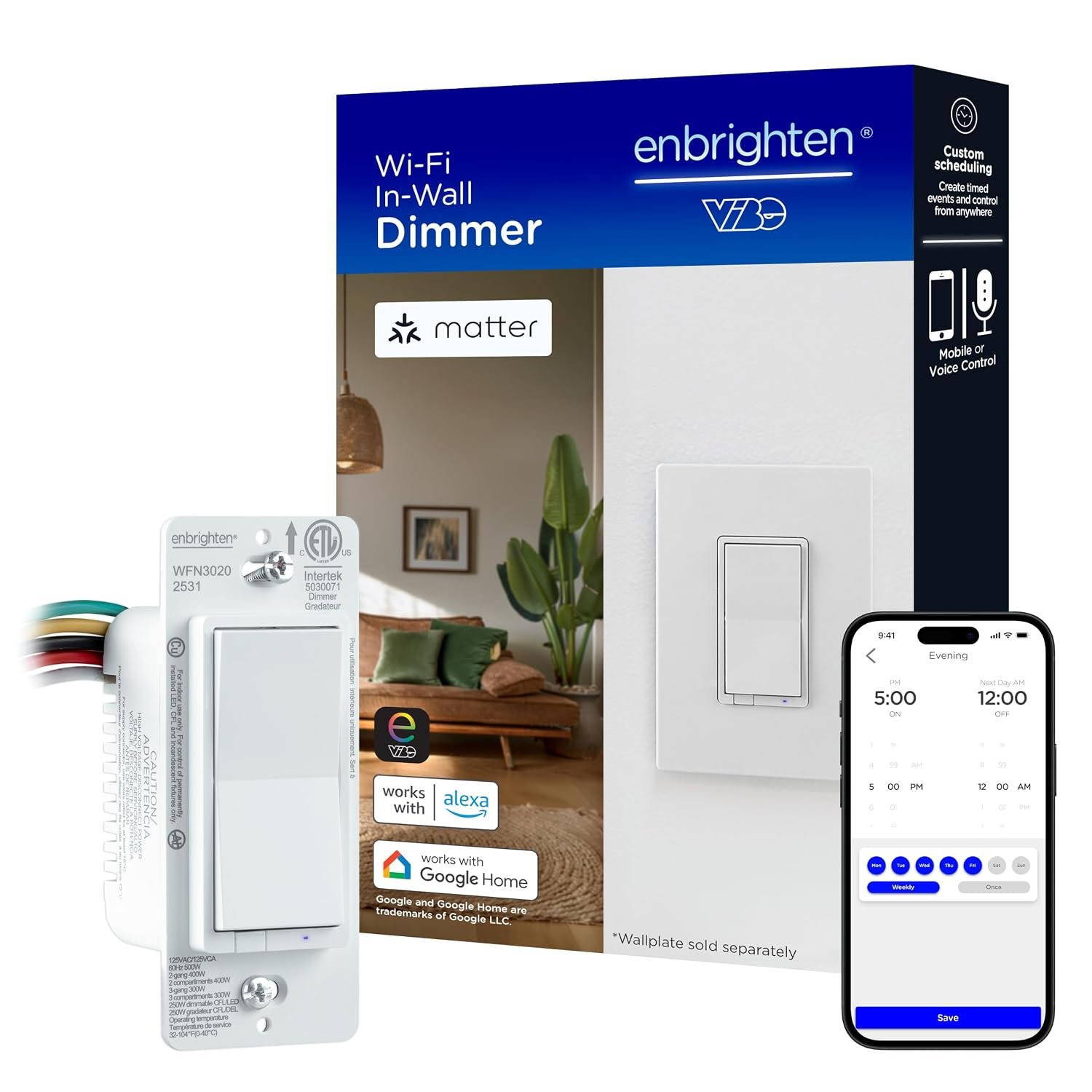 Enbrighten Smart Dimmer Light Switch with Matter, plastic yoke and flying leads
