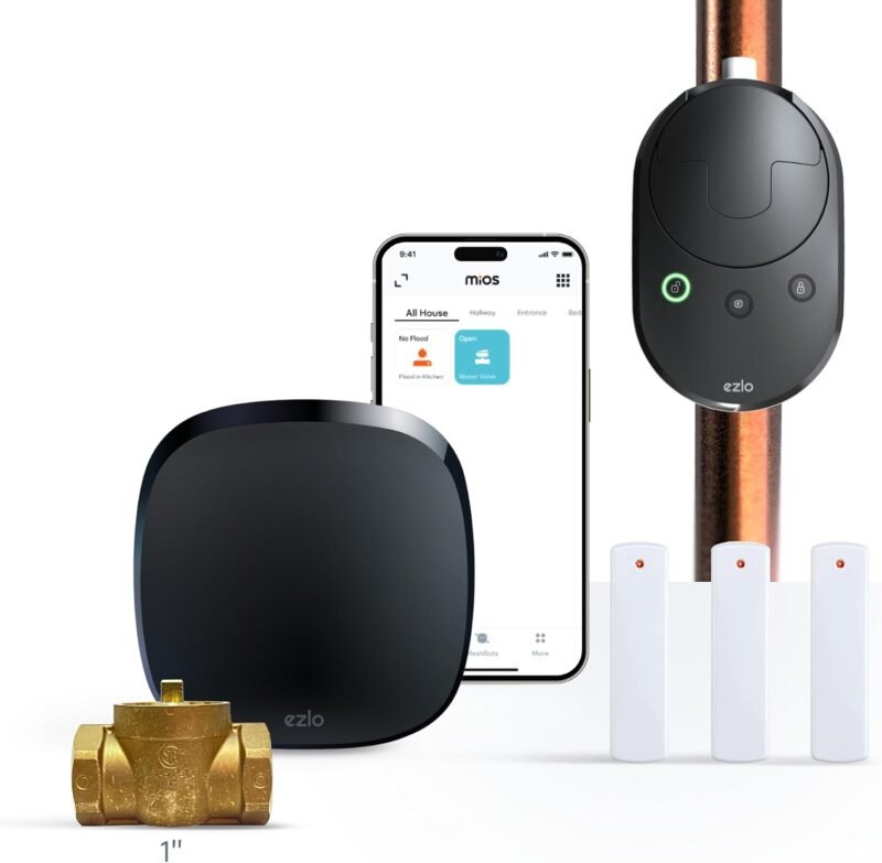 Ezlo smart water shut-off valve control kit with Ezlo Plus hub and Z-Wave leak sensors