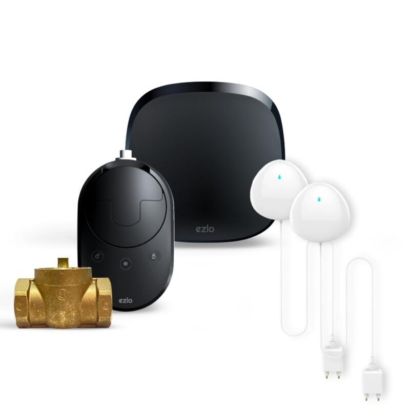 EzloPlus Whole Home Leak Protection Kit with hub, two leak sensors and Z-Wave shut-off valve