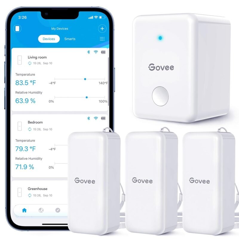 Govee Wi-Fi gateway with three H5100 Bluetooth hygrometer sensors