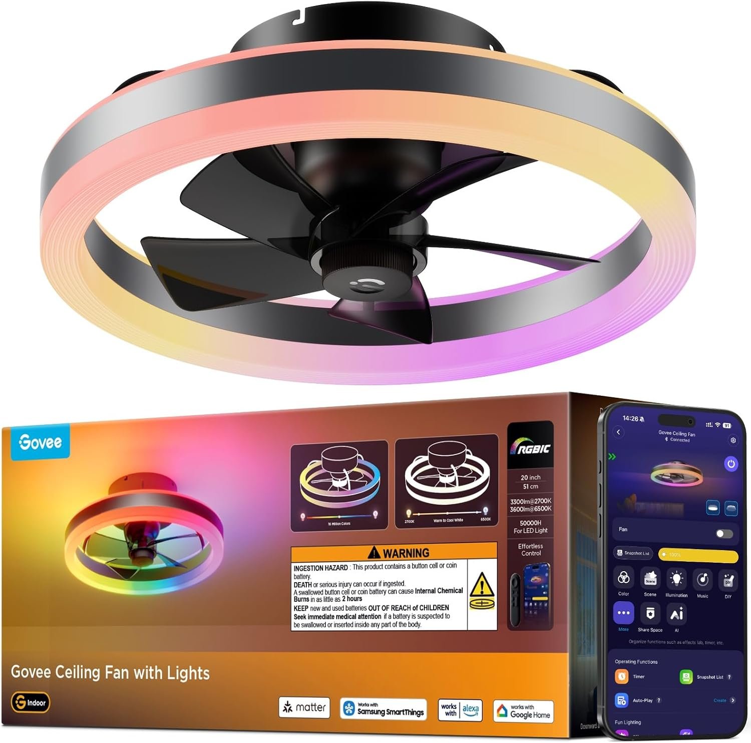 Govee 20 inch RGBIC Fandelier bladeless Matter ceiling fan with light