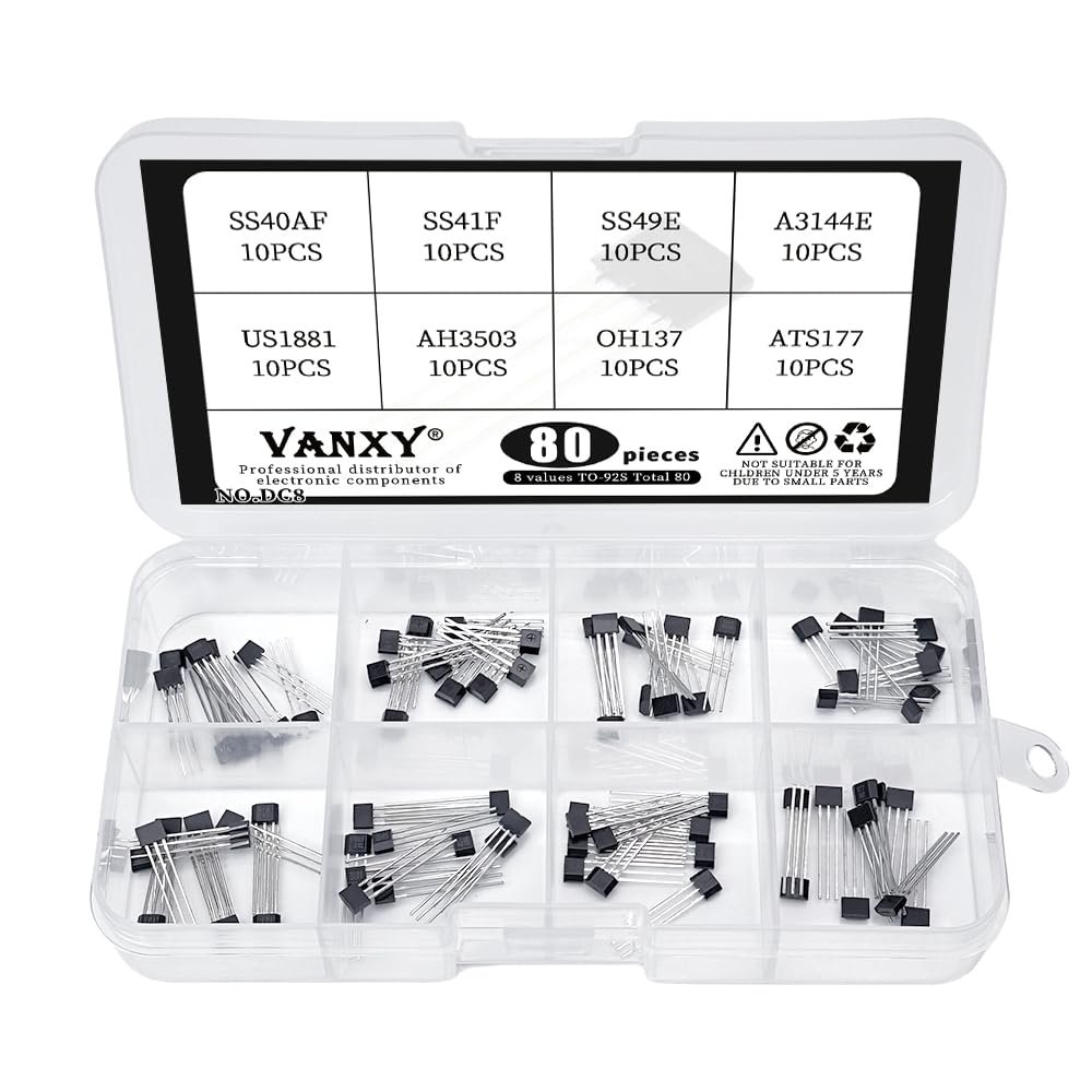 80-piece Hall effect sensor assortment kit with SS41F SS49E A3144E US1881 AH3503