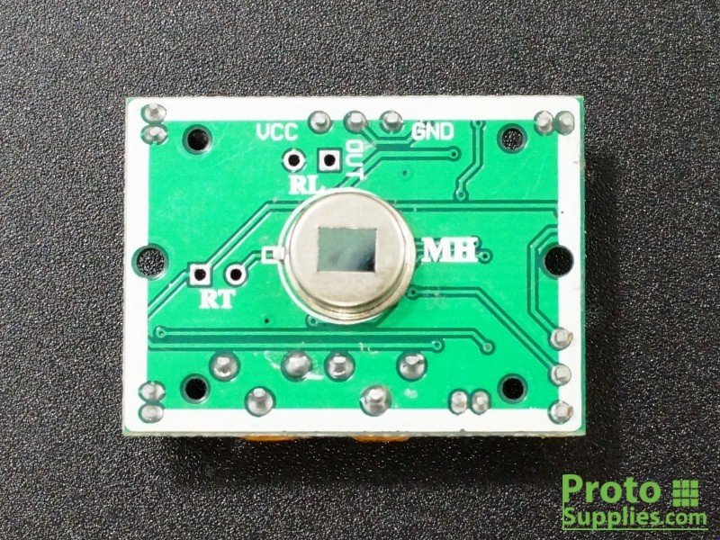 HC-SR501 PIR module with lens removed showing the pyroelectric sensor