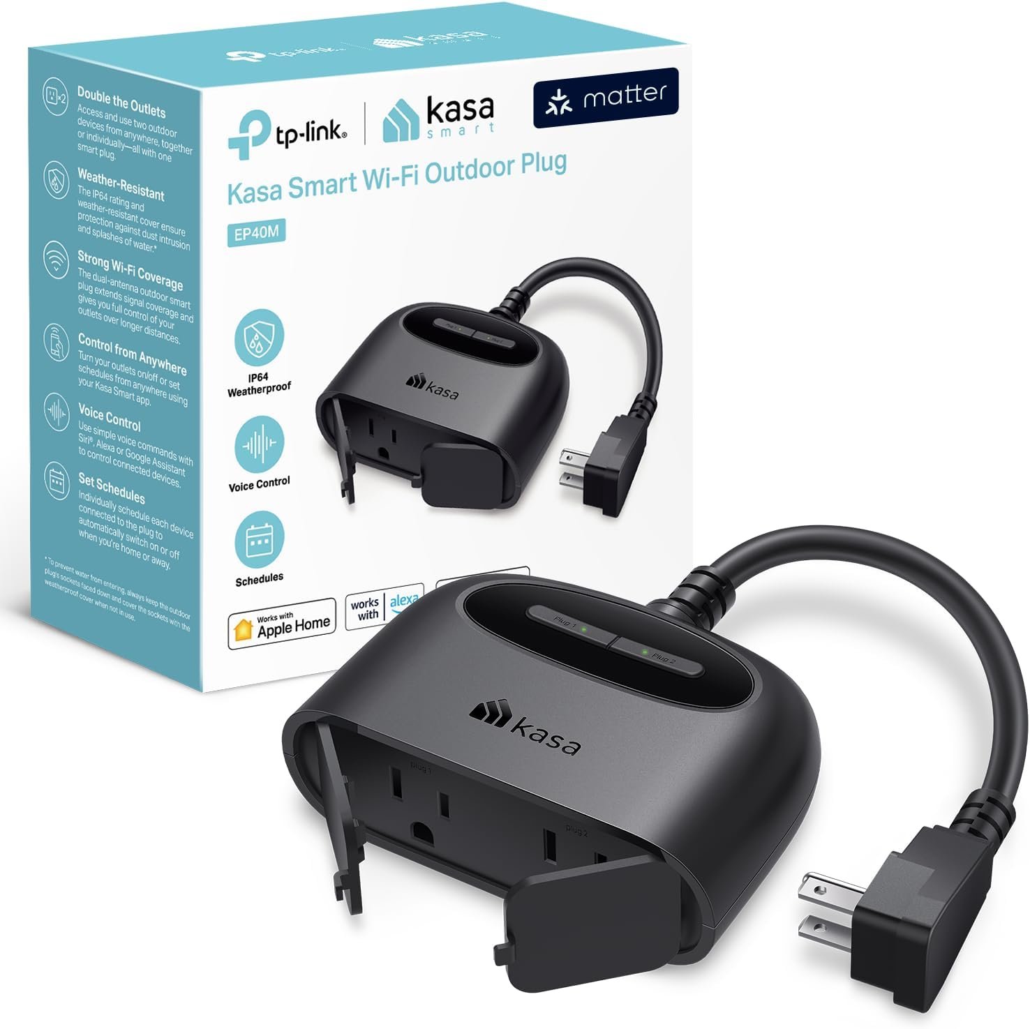 Kasa EP40M Matter outdoor smart plug with dual outlets, IP64
