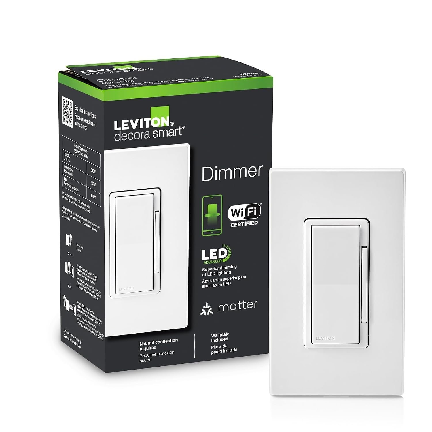 Leviton Decora Smart Wi-Fi Dimmer D36HD-1RW that works with Matter