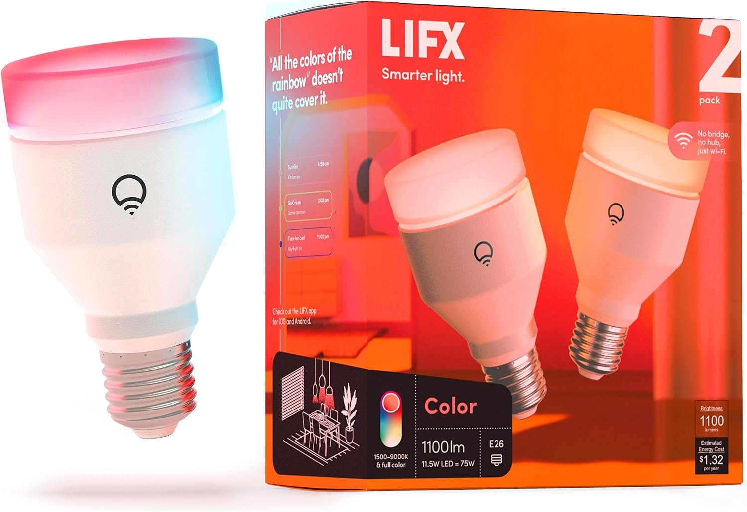 LIFX SuperColor A19 Matter smart bulb 1100 lumens RGB color changing 2-pack